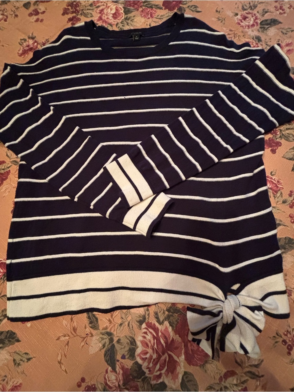 Ann Taylor Navy and White Striped Tie-Hem Crewneck Sweater
